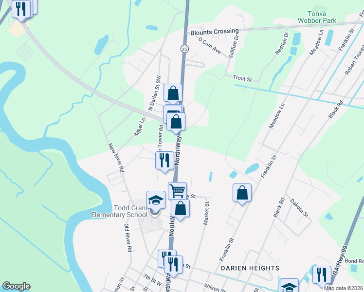 map of restaurants, bars, coffee shops, grocery stores, and more near 5143 U.S. 17 in Darien