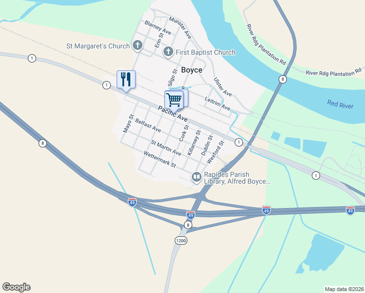 map of restaurants, bars, coffee shops, grocery stores, and more near 801-805 Cork Alley in Boyce