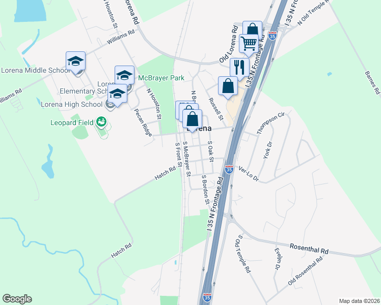 map of restaurants, bars, coffee shops, grocery stores, and more near 203 South McBrayer Street in Lorena