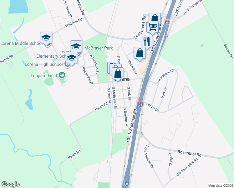 map of restaurants, bars, coffee shops, grocery stores, and more near 203 South McBrayer Street in Lorena