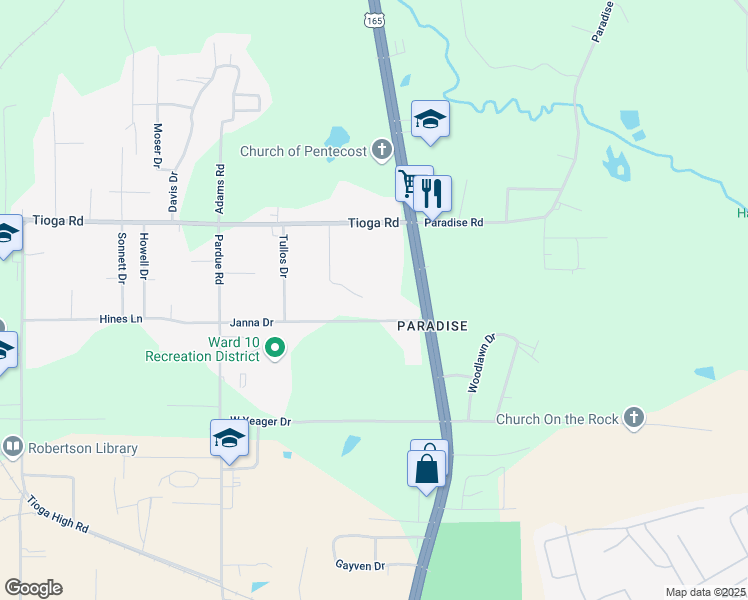 map of restaurants, bars, coffee shops, grocery stores, and more near 114 Janna Drive in Ball