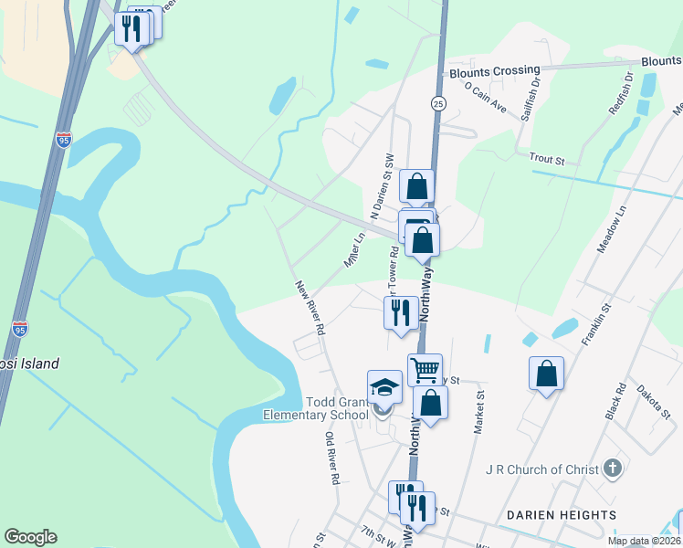 map of restaurants, bars, coffee shops, grocery stores, and more near 113 12th Street West in Darien
