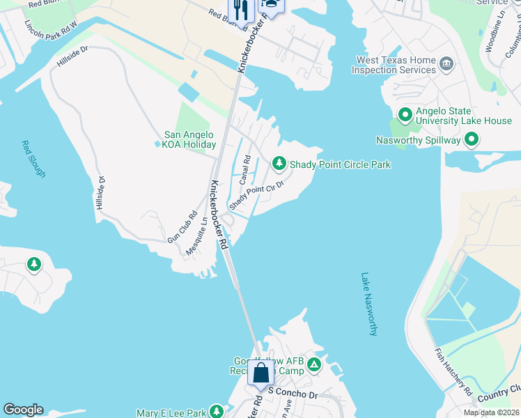 map of restaurants, bars, coffee shops, grocery stores, and more near 1606 Shad Road in San Angelo