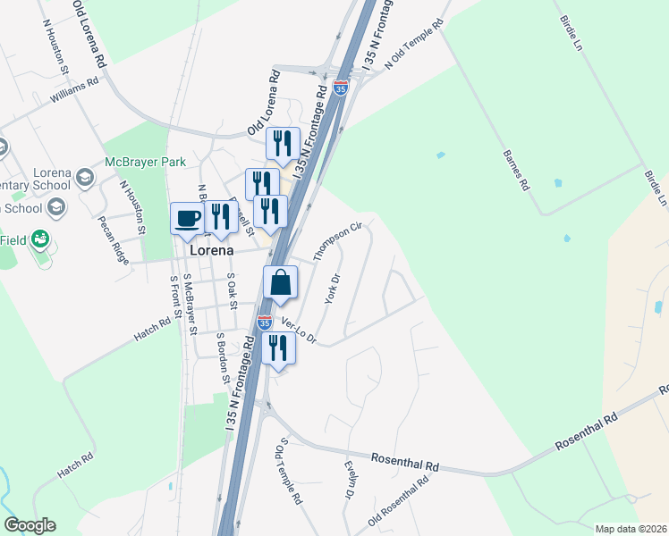 map of restaurants, bars, coffee shops, grocery stores, and more near 121 York Drive in Lorena