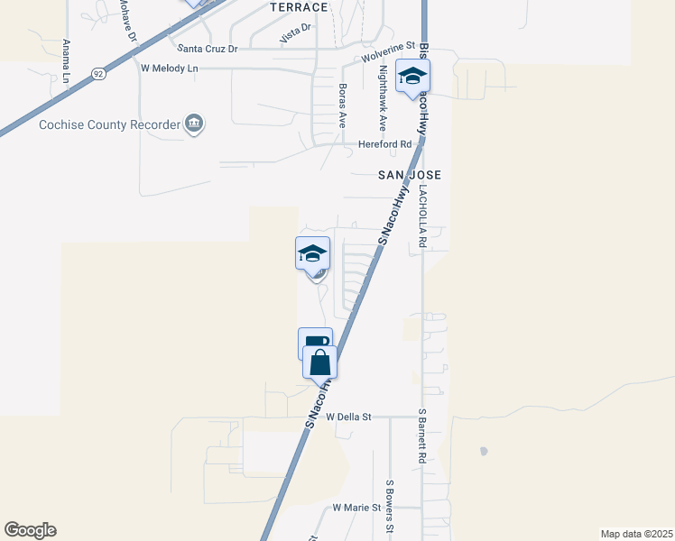 map of restaurants, bars, coffee shops, grocery stores, and more near 114 Mountain View Avenue in Bisbee