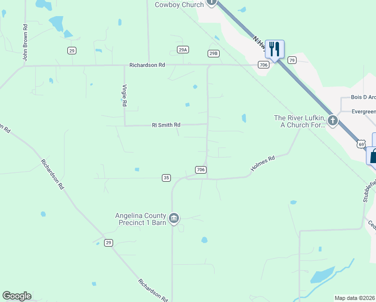 map of restaurants, bars, coffee shops, grocery stores, and more near 1439 Farm to Market 706 in Lufkin