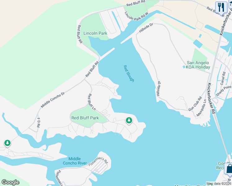 map of restaurants, bars, coffee shops, grocery stores, and more near 2700 Red Bluff Ramp Road in San Angelo