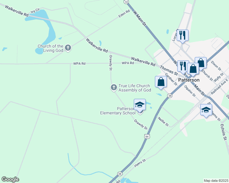 map of restaurants, bars, coffee shops, grocery stores, and more near Drawdy Road in Patterson