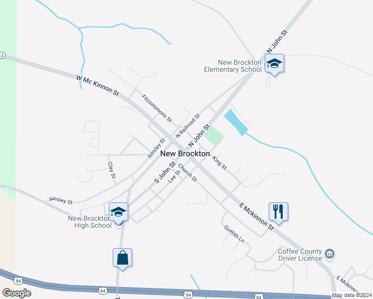 map of restaurants, bars, coffee shops, grocery stores, and more near 112 North John Street in New Brockton