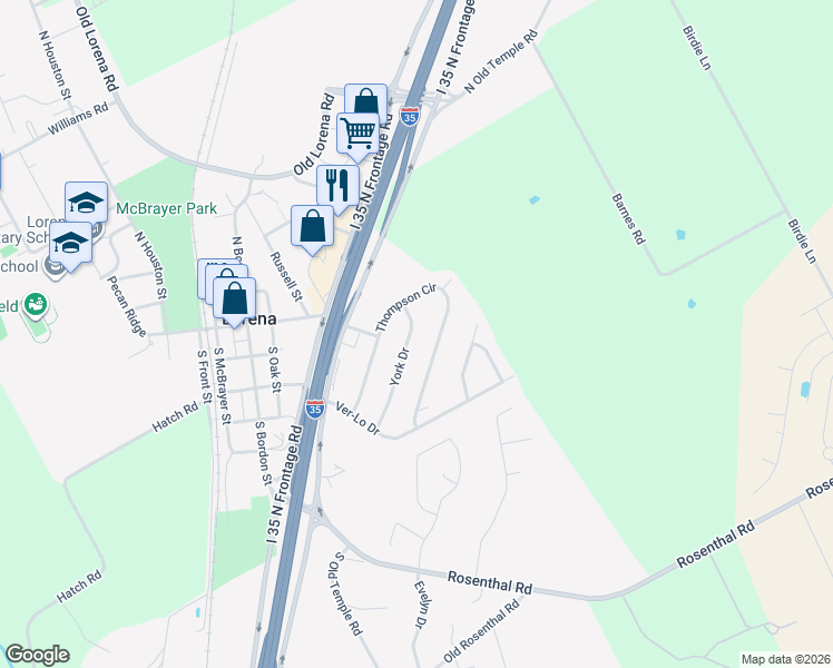 map of restaurants, bars, coffee shops, grocery stores, and more near 121 York Drive in Lorena
