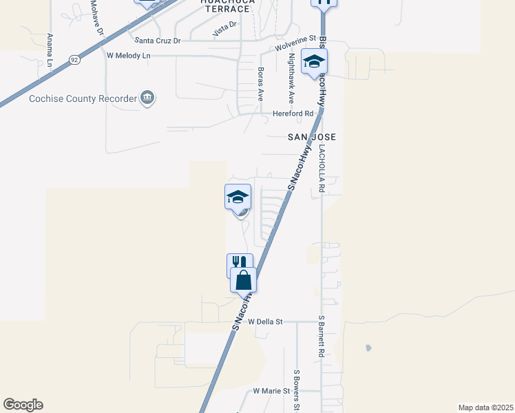 map of restaurants, bars, coffee shops, grocery stores, and more near 114 Mountain View Avenue in Bisbee