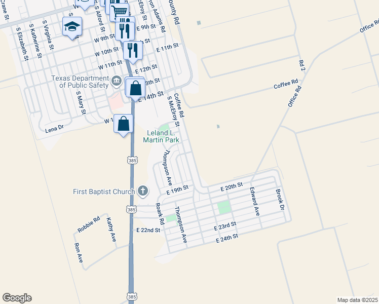 map of restaurants, bars, coffee shops, grocery stores, and more near South 18th Street in Crane