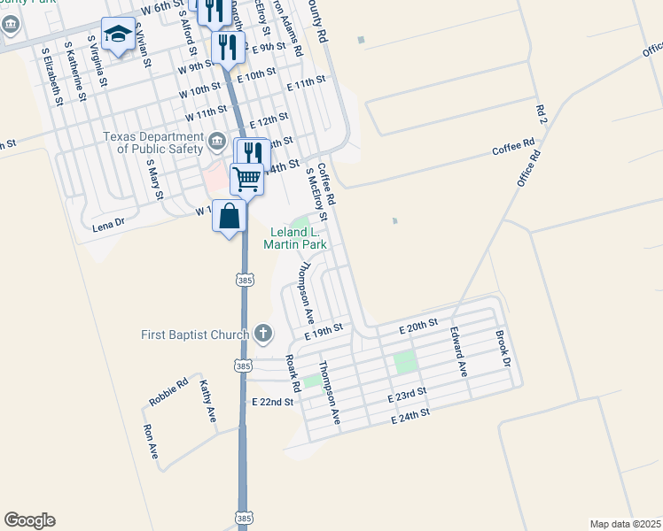 map of restaurants, bars, coffee shops, grocery stores, and more near South 18th Street in Crane