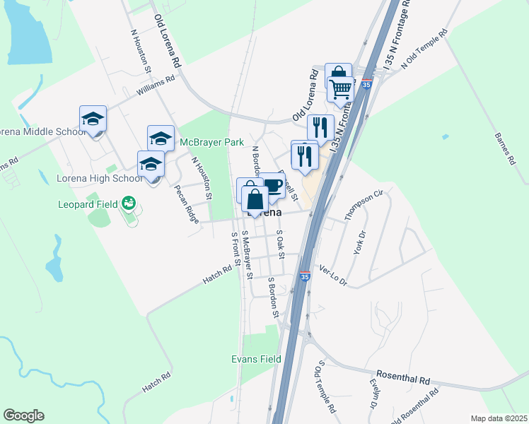 map of restaurants, bars, coffee shops, grocery stores, and more near in Lorena