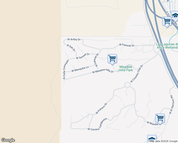 map of restaurants, bars, coffee shops, grocery stores, and more near 1749 West Meadow Hills Drive in Nogales