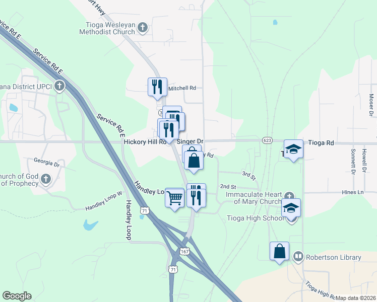 map of restaurants, bars, coffee shops, grocery stores, and more near 1410 Cemetery Road in Pineville