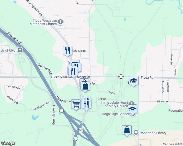 map of restaurants, bars, coffee shops, grocery stores, and more near 5010 Oaklane Road in Pineville
