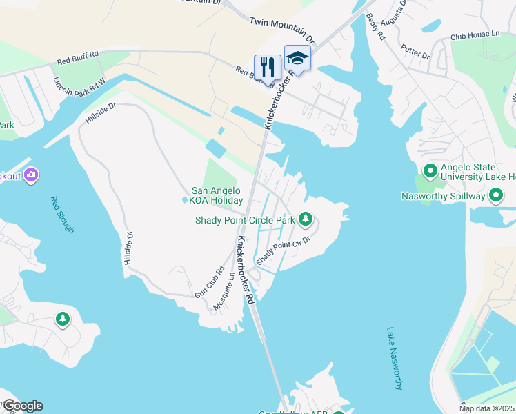 map of restaurants, bars, coffee shops, grocery stores, and more near 6610 Knickerbocker Road in San Angelo