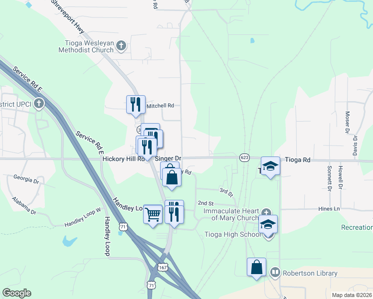 map of restaurants, bars, coffee shops, grocery stores, and more near 5010-5018 Oaklane Road in Pineville