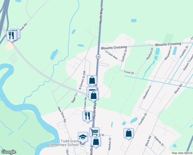 map of restaurants, bars, coffee shops, grocery stores, and more near 301 Pack Road in Darien