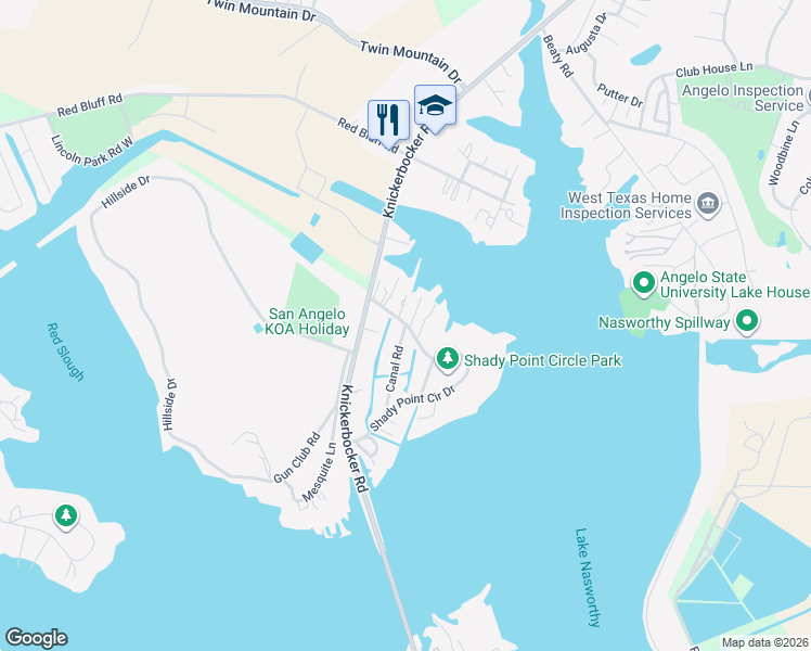 map of restaurants, bars, coffee shops, grocery stores, and more near 1699 Canal Road in San Angelo