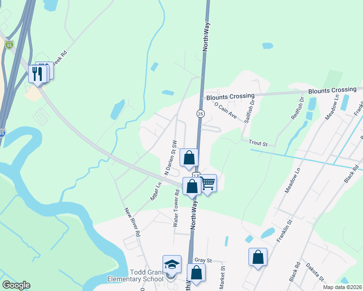 map of restaurants, bars, coffee shops, grocery stores, and more near 301-307 Pack Road in Darien