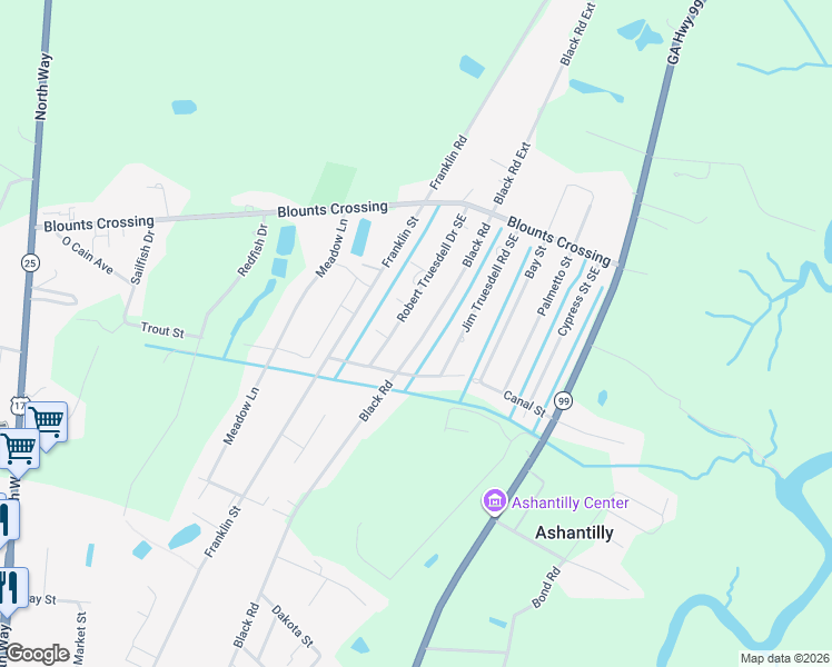 map of restaurants, bars, coffee shops, grocery stores, and more near 1337 Black Road Southeast in Darien