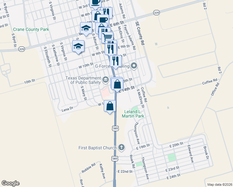 map of restaurants, bars, coffee shops, grocery stores, and more near 1401-1499 Andrews Highway in Crane