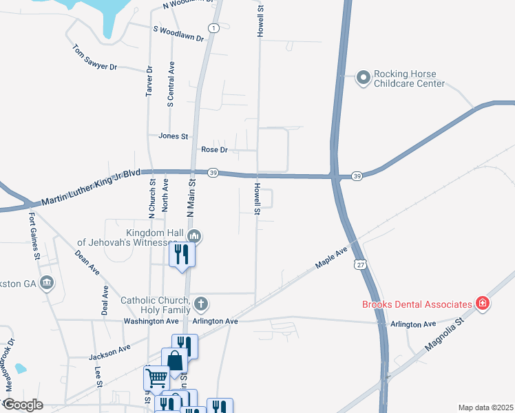 map of restaurants, bars, coffee shops, grocery stores, and more near 58 Williams Street in Blakely