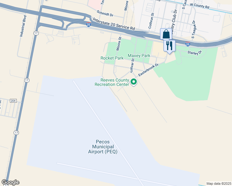 map of restaurants, bars, coffee shops, grocery stores, and more near 3110 Manahan Street in Pecos