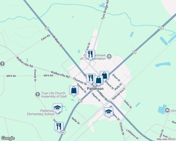 map of restaurants, bars, coffee shops, grocery stores, and more near 3211 Oates Street in Patterson