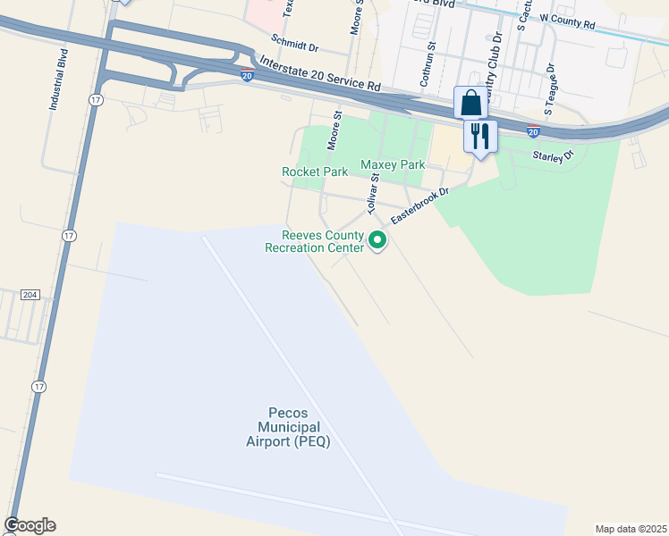map of restaurants, bars, coffee shops, grocery stores, and more near 3110 Manahan Street in Pecos