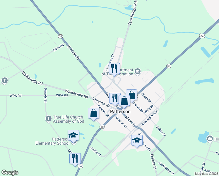 map of restaurants, bars, coffee shops, grocery stores, and more near 3211 Oates Street in Patterson