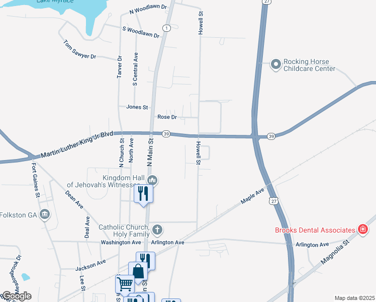map of restaurants, bars, coffee shops, grocery stores, and more near 58 Williams Street in Blakely