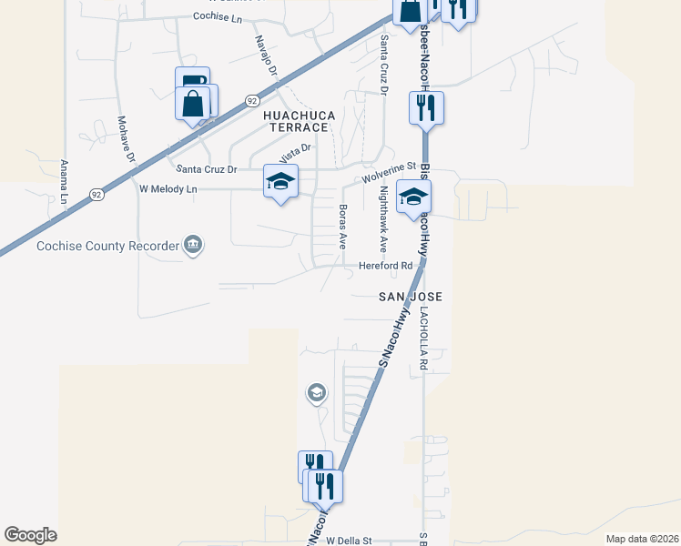 map of restaurants, bars, coffee shops, grocery stores, and more near 4 Hereford Road in Bisbee