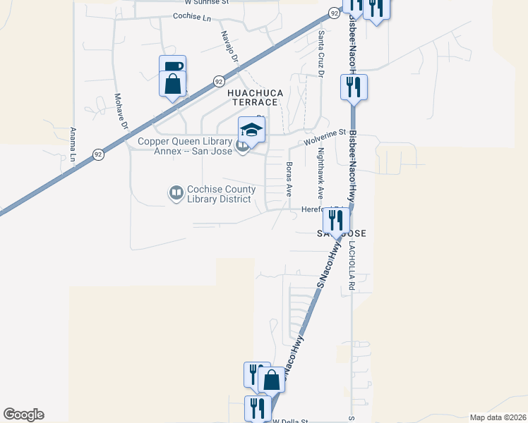 map of restaurants, bars, coffee shops, grocery stores, and more near 510 San Jose Drive in Bisbee