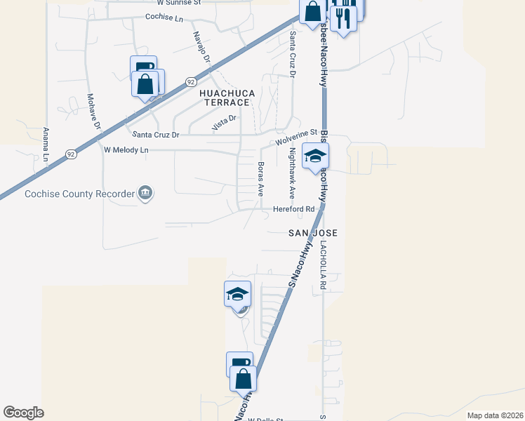 map of restaurants, bars, coffee shops, grocery stores, and more near 4 Hereford Road in Bisbee