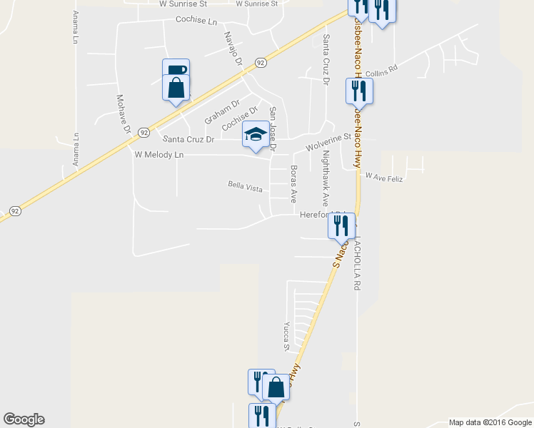 map of restaurants, bars, coffee shops, grocery stores, and more near 510 San Jose Drive in Bisbee