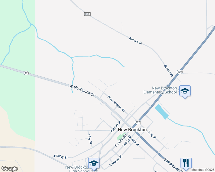 map of restaurants, bars, coffee shops, grocery stores, and more near 101 Willow Street in New Brockton