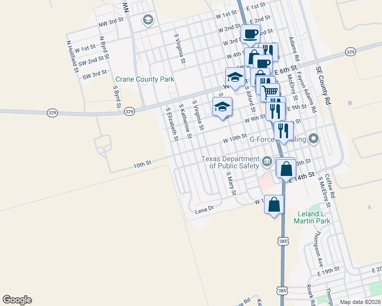 map of restaurants, bars, coffee shops, grocery stores, and more near 1001-1099 South Katherine Street in Crane