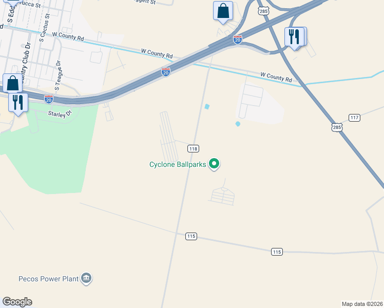 map of restaurants, bars, coffee shops, grocery stores, and more near County Road 118 in Pecos