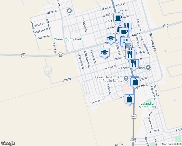 map of restaurants, bars, coffee shops, grocery stores, and more near 1001 South Katherine Street in Crane
