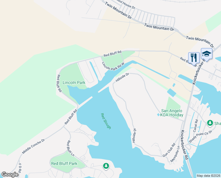 map of restaurants, bars, coffee shops, grocery stores, and more near 2261 Hillside Drive in San Angelo