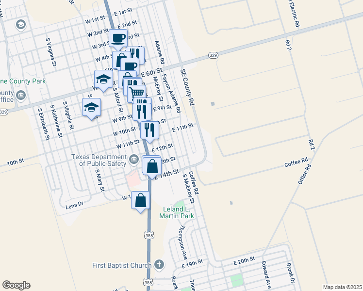 map of restaurants, bars, coffee shops, grocery stores, and more near 1201-1299 Fayron Adams Road in Crane