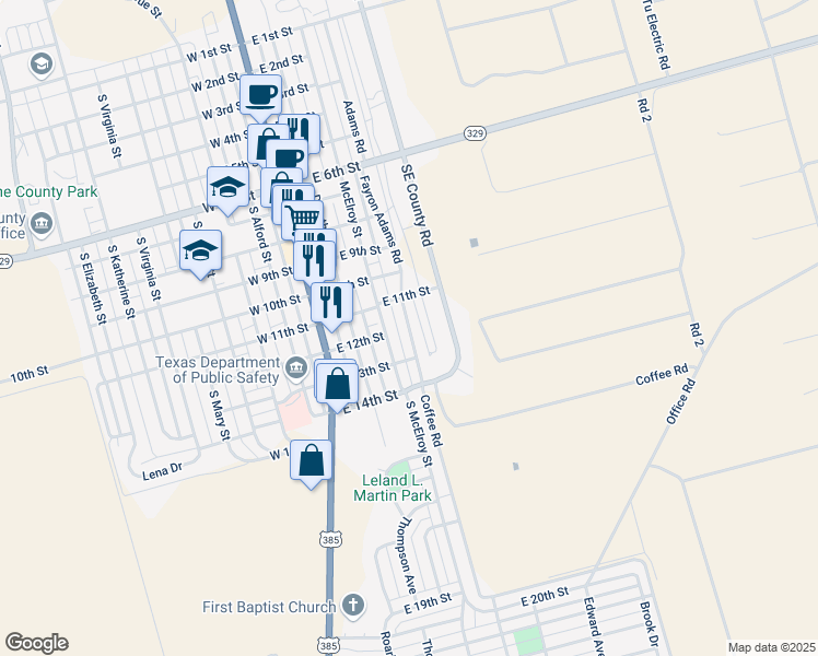 map of restaurants, bars, coffee shops, grocery stores, and more near 1201 Fayron Adams Road in Crane