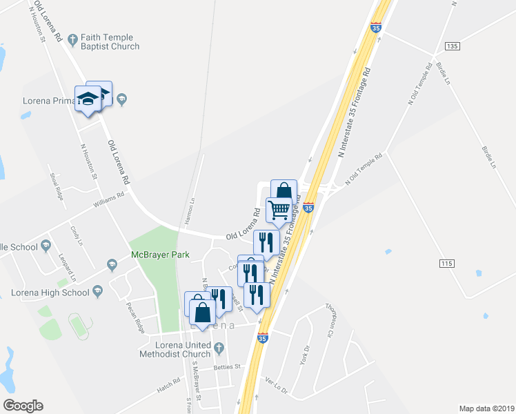 map of restaurants, bars, coffee shops, grocery stores, and more near 101 Village Place Drive in Lorena