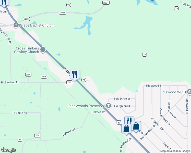 map of restaurants, bars, coffee shops, grocery stores, and more near 366 County Road 79 in Lufkin