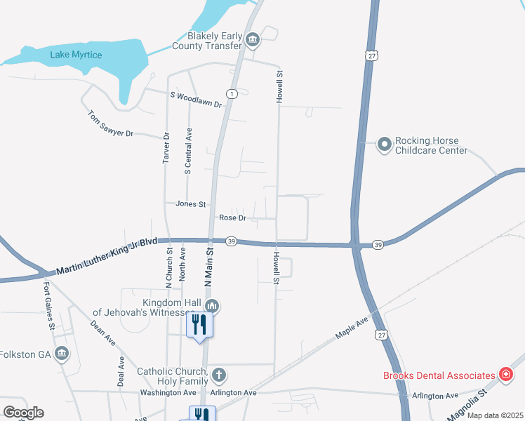 map of restaurants, bars, coffee shops, grocery stores, and more near 27 Tolbert Drive in Blakely