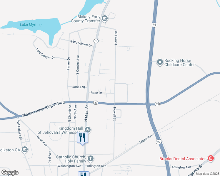 map of restaurants, bars, coffee shops, grocery stores, and more near 27 Tolbert Drive in Blakely