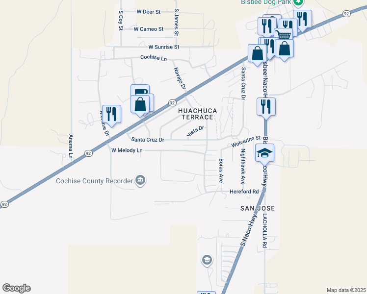 map of restaurants, bars, coffee shops, grocery stores, and more near 117 Vista Drive in Bisbee
